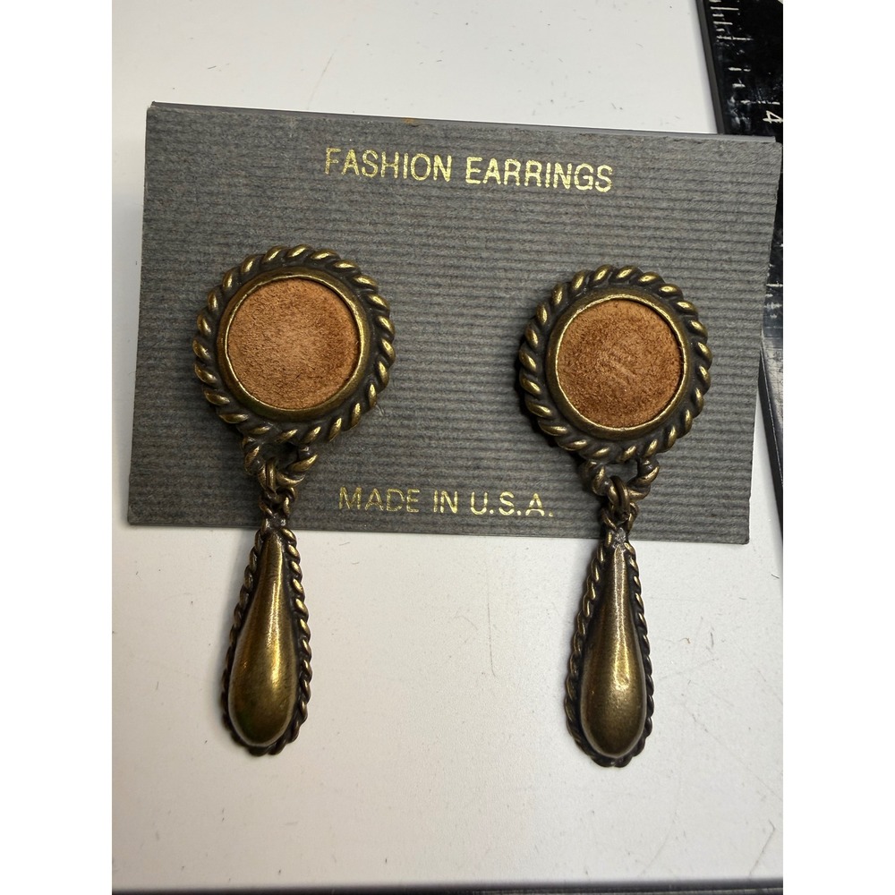 Vintage Brass Tone Teardrop Dangle Earrings Tan Suede Inlay Made in USA Boho